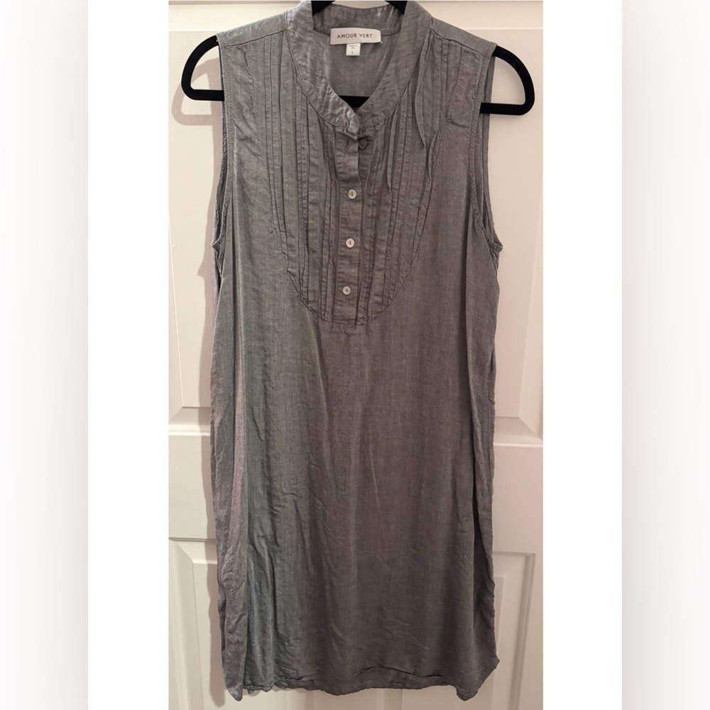 Amour Vert Tuxedo Shirt Pleated Tunic Dress Silver Gray Modal Silk womens Large